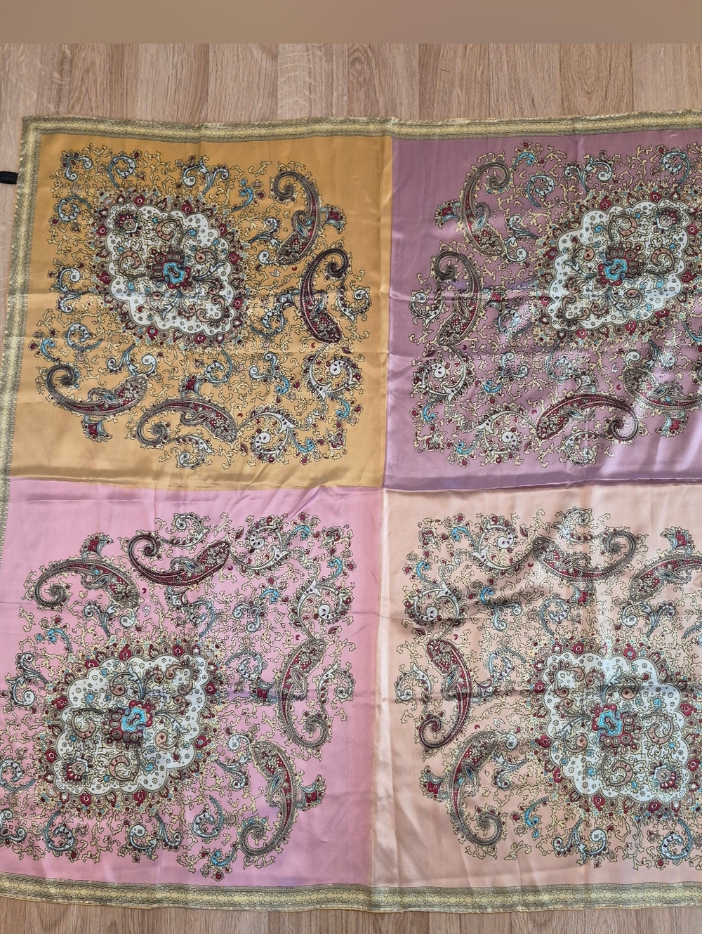 Vintage-Inspired Paisley Silk Scarf in Pink, Mauve & Mustard
